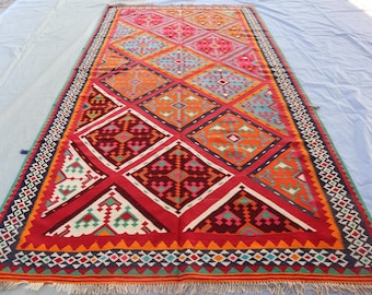 5x10 Afghan Natural Kilim Rug Authentic Flatweave Handmade Kilim Wool Rug, Red Geometric Rug for Living room, Oriental Turkmen Tribal Carpet