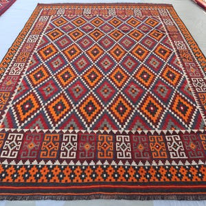 8&#39;5x12&#39;1 ft Antique Large Rug Afghan Flatweave Hand Woven Wool Rug/ Oriental Vintage Rug/ Orange Red Blue Turkmen Rug/ Dining Table Carpet