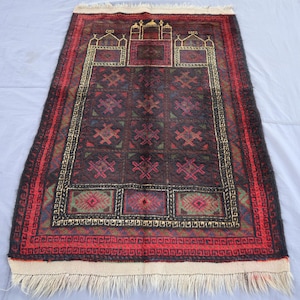 2&#39;9x4&#39;3 ft Vintage Prayer Rug, Afghan Prayer Rug, Handmade Wool Area Rug, Antique Baluchi Rug, High Pile Faded Oriental Turkmen Baluchi Rug