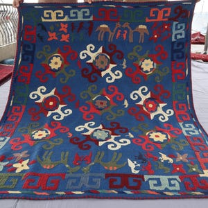 Red Navy Blue 5x6 Wall Hanging, Uzbeki Suzani Antique Handmade Geometric Tapestry Oriental Vintage Embroidery, Collectors Piece Home decor