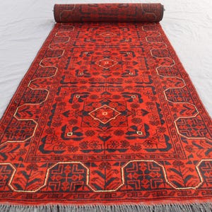 3x10 ft Afghan Runner Rug, Turkmen Khamyab Bukhara Rug, Handmade Oriental Soft Rug, High Pile Wool Khal Muhammadi Rug Red Hallway Runner Rug