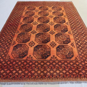 6&#39;6x9&#39;3 ft Afghan Vintage Area Rug Handmade Terracotta Pile Wool Rug, Oriental Turkmen Tekke Tribal Ersari Rug, 7x9 ft Office Bedroom Carpet