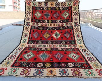 5x7 Handmade Afghan Kilim Rug Red Beige Fine Flatweave Rug, Bohemian Vintage Tribal Area Rug, Turkish Geometric design Carpet, Office Carpet