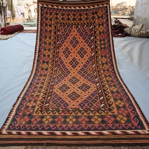 3x7 ft Afghan Vintage Kilim Runner Rug, Terracotta Handmade Wool Area Rug/ Traditional Turkmen Flatweave Kilim Rug/ Oriental Hallway Runner