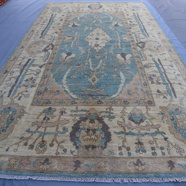 6x11 ft  Beige Blue Floral Bukhara Rug, Top Quality Afghan Handmade Wool Area Rug, Oriental Turkish Pattern Rug, Bedroom, Living room Carpet