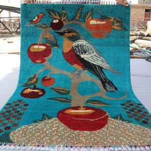 3&#39;4x4&#39;9 ft Turquoise Pictorial Rug, Afghan Area Rug, Handmade Authentic Soft Wool rug, Oriental Turkmen Rug, Birds Animals Kids Room Carpet