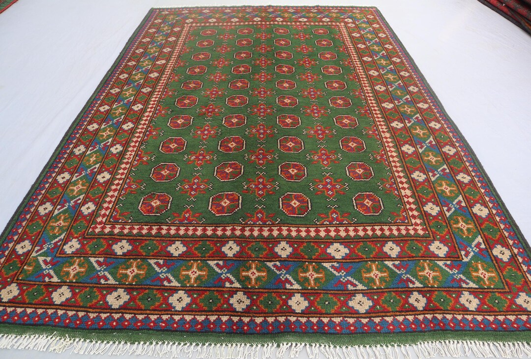 5x8 Green Mowri Bukhara Rug- Afghan Handmade Wool Area Rug- Turkmen ...