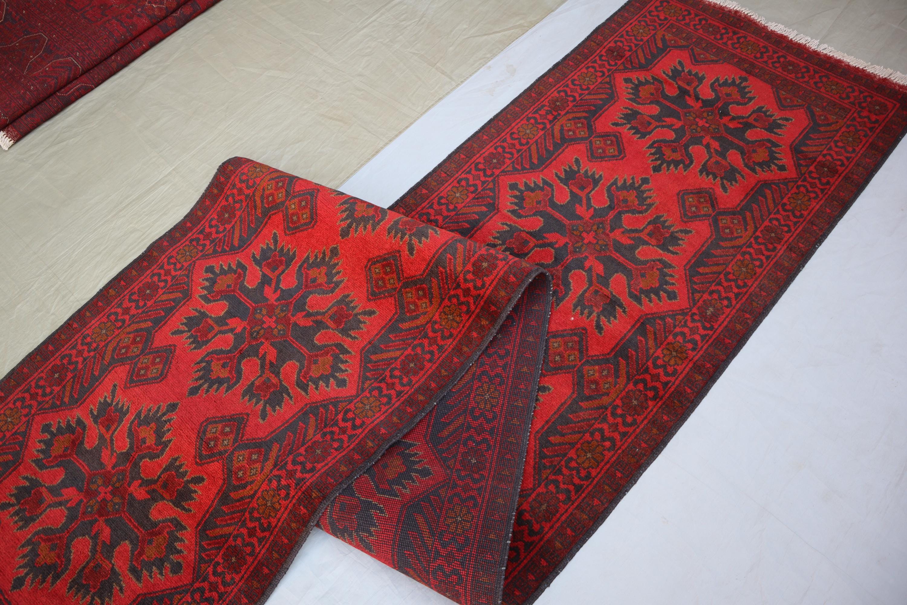 3x13 ft Long Runner Rug Afghan Tribal Bukhara rug, Handmade wool rug, Turkmen Vintage Red Geometric Rug, Hallway runner, Stairs Threads Rug