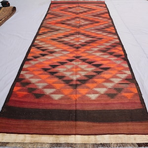 4&#39;6x12&#39;4 ft Vintage Kilim Runner Rug Afghan Handmade Wool Rug, Turkmen Tribal Flatweave Geometric Rug, Antique Maroon Orange Hallway Runner