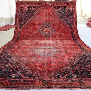 5&#39;2x8&#39;7 ft Afghan Caucasian Rug 1900s Antique Turkmen Tribal Handmade Low Pile Wool Rug, Distressed Faded Area Rug, 5x9 Red Dining Table Rug