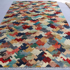 6&#39;6x9&#39;8 Afghan Modern Gabbeh Rug/ Hand Knotted High Pile Wool Rug/ Oriental Area Rug/ Natural Veg dyes Multicolor Abstract Rug/ Bedroom Rug