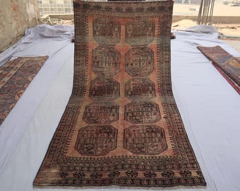 1920s Antique 4x7 ft Rug Terracotta rug, Afghan Bukhara Distressed Faded Rug, Hand Knotted Wool Rug, Turkmen Tribal Rug, Low Pile Old Carpet