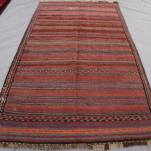 4&#39;2x7&#39;5 ft Afghan Kilim Rug, Vintage Handmade Kilim Wool Rug, Distressed Faded Flat weave Striped Rug, Maroon Blue Rug, Entry Way Area Rug