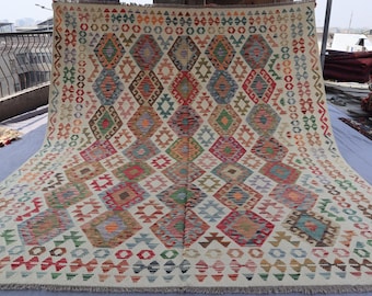 Afghan Kilim Rug 8&#39;5x10 ft, Beige Flatweave Handmade Wool Area rug, Geometric Natural dyes Rug, Rugs for Living room Large bedroom kilim Rug