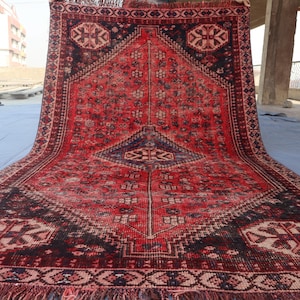 1920s Antique 4&#39;5x7&#39;5 ft Rug, Caucasian Design Turkmen Hand Knotted Low Pile Faded Wool Rug, Afghan Vintage Tribal Rug, Red Living Room Rug