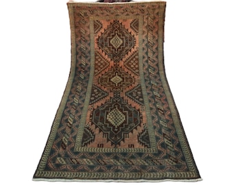 Antiker Teppich 1,5x2m, Afghanischer Orientteppich, Handgefertigter Wollteppich, Kaukasier Muster, Belutschischer Teppich, Turkmenischer Stammes-Terrakotta Teppich