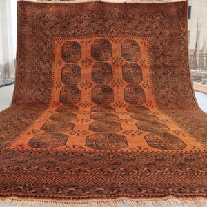 6&#39;5x9&#39;3 ft Terracotta Vintage faded Rug Muted Brown Afghan Handmade wool rug, Turkmen Tribal Bukhara Rug, Oriental Antique Rug, Bedroom Rug