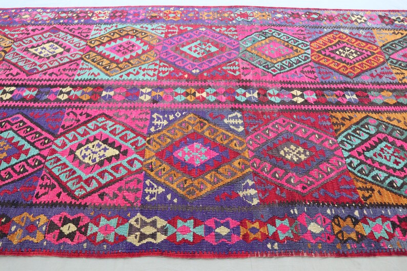 5x14 Ft Long Wide Kilim Runner Rug, Afghan Pink Navy Blue Handmade Wool