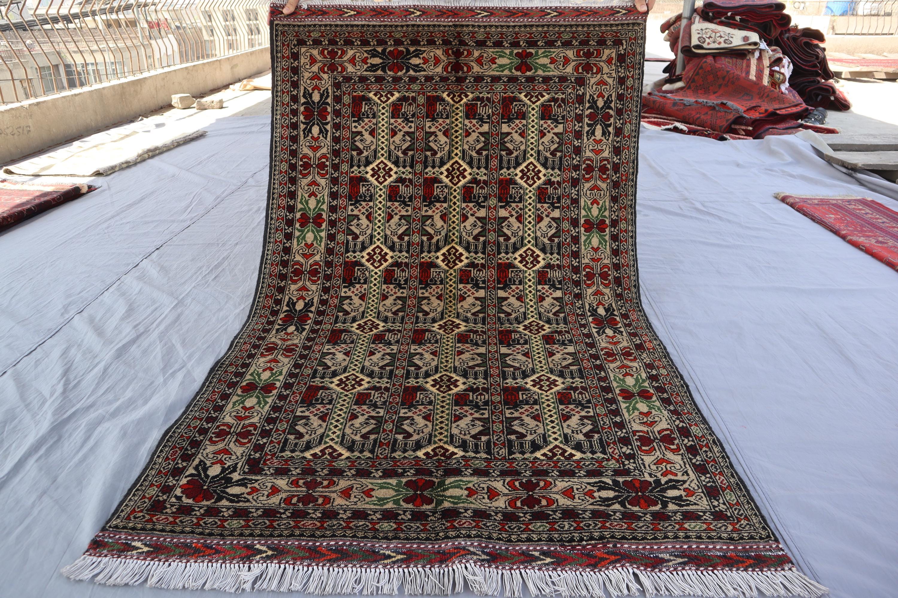 3 x 5フィートのアフガンエリアラグ、手作りの本物の100%ウールラグ