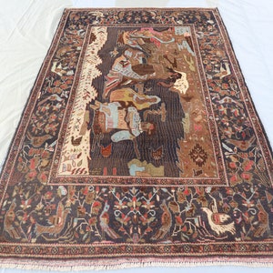 4x7 ft Vintage Pictorial Rug, Afghan Handmade Wool Area rug, Animal Birds Humans Decor rug, Antique Oriental rug, Bedroom Rug, Kids Room Rug