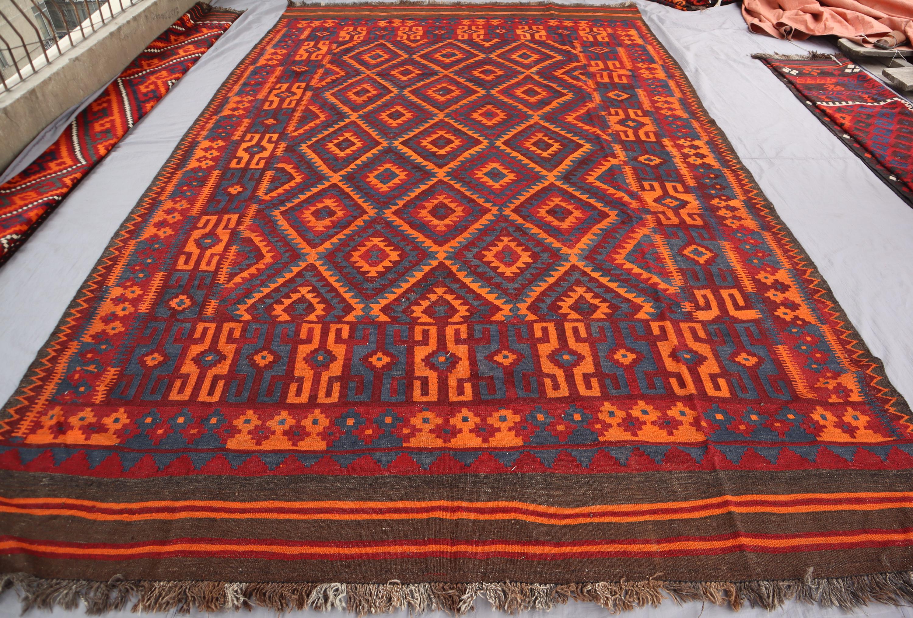 8x14 大型 1950年代 アンティーク アフガン キリム ラグ、本物の平織り