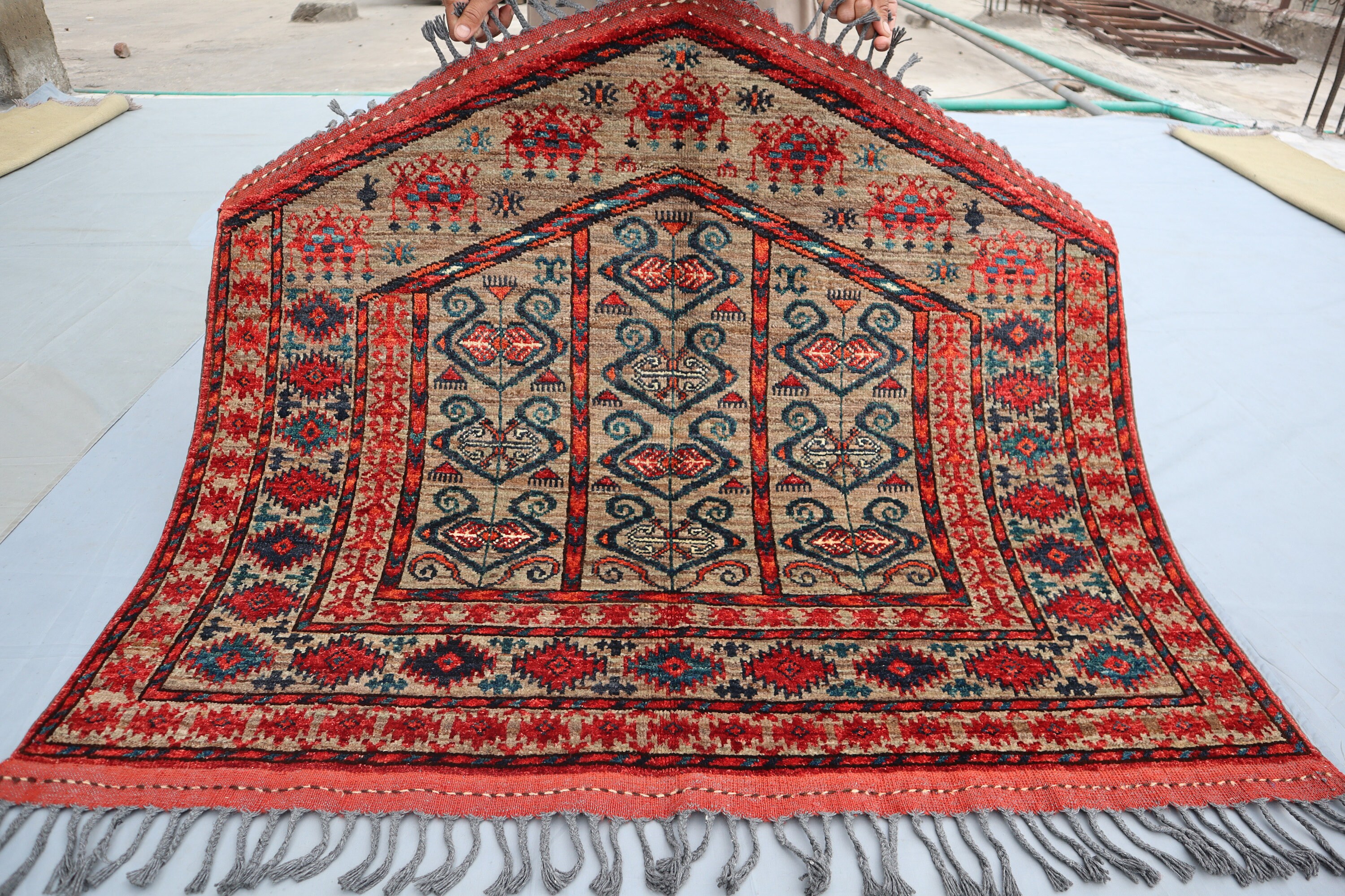 Collectors Piece 4x4 ft Antique Wall Hanging Rug, Hand-Knotted Wool Rug, Oriental Afghan Red Beige Rug Tribal Turkmen Jalar Wall Decor rug