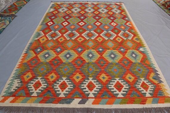 Afghan Kilim Rug 6'5X9'5 Ft, Orange Beige Handmade Natural Dyes
