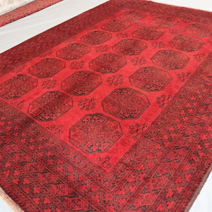 Afghan 7x9 ft Ersari Area Rug, Antique Faded Handmade Wool Rug, High Pile Elephant foot design Turkmen Tribal Rug, Vintage Carpet Office Rug