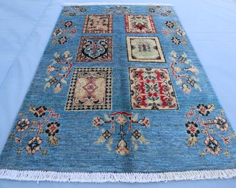 3x4 ft Blue Antique Mini Rug, Afghan Bakhtyari Design Handmade Wool Vintage Rug, Entry Way Area Rug, Farmhouse Art Carpet Tribal Turkmen Rug
