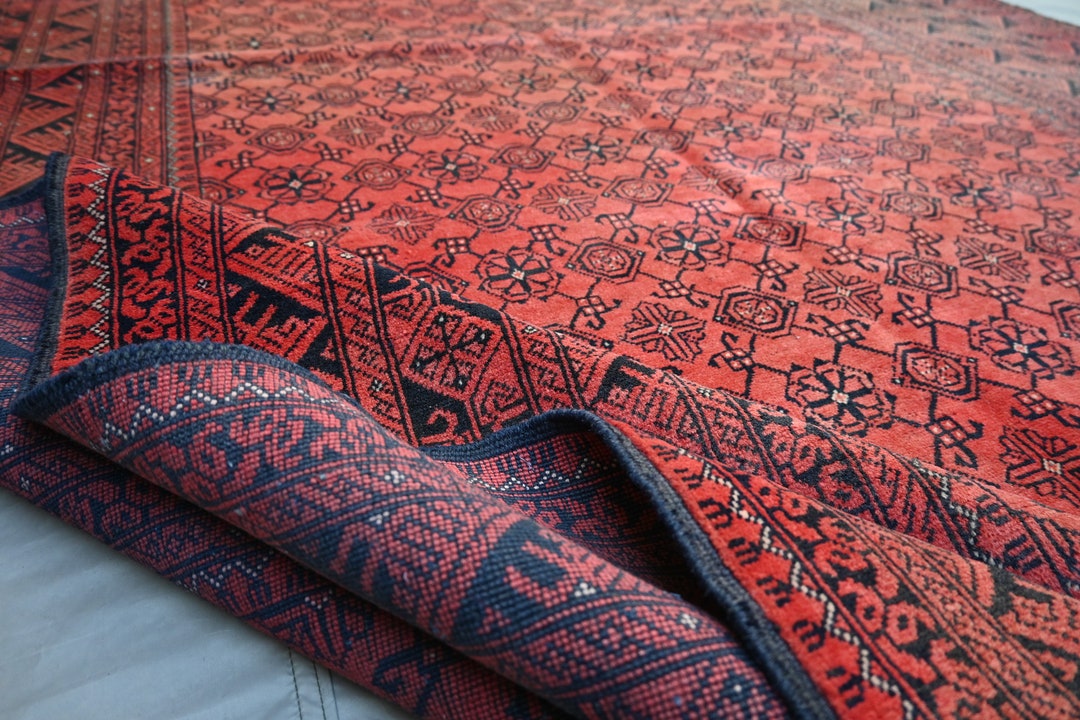 1950s Vintage Red Rug 7x9, Ft Large Afghan Bukhara Rug, Antique Faded Bashiri Design Turkmen