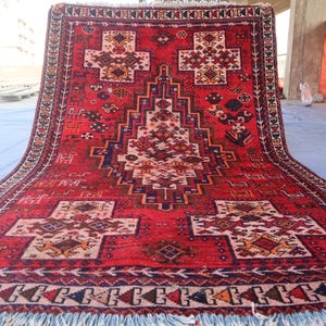 4&#39;4x6&#39;6 Caucasian Vintage Rug Afghan Handmade Antique Wool Rug, Geometric Turkmen Tribal Rug, 1960s Area Red Oriental Rug, Living Room Rug