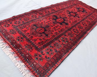 2'8x6'5 ft Afghan Khamyab Runner Rug, Turkmen Geometric Bukhara Handmade Soft Wool rug, Red Hall way Runner, Khal Mohammadi Runner Carpet