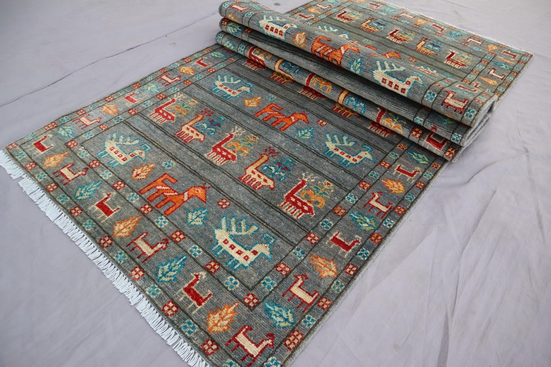 9 Ft Gray Pictorial Runner Rug, Afghan Handmade Wool Rug, Animal Birds ...