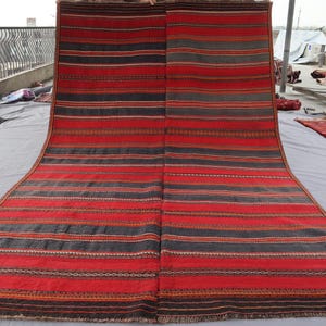 1960s Antique 5&#39;10x9&#39;5 ft Rug Red Navy Blue Orange Rug, Afghan Striped Rug, Handmade Wool Rug, Turkmen Flatweave Kilim Rug Oriental Area Rug