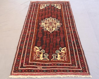 4'5x7'0 Ft Afghan Red Gray Vintage Turkmen Handmade Wool Area Rug
