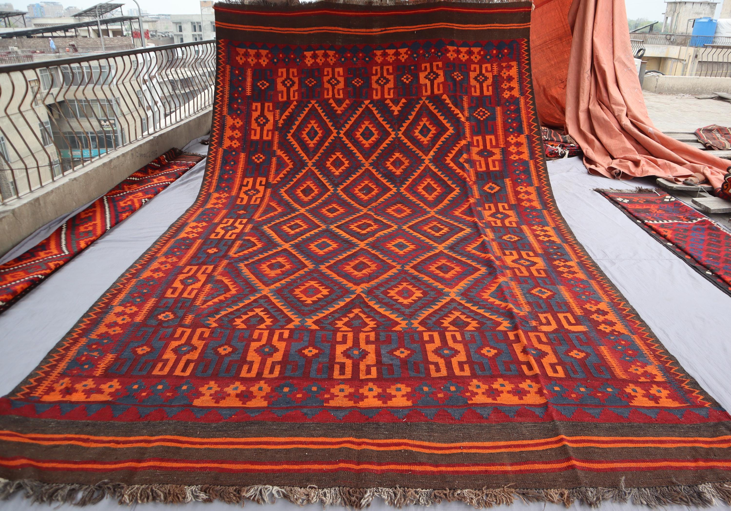 8x14 大型 1950年代 アンティーク アフガン キリム ラグ、本物の平織り