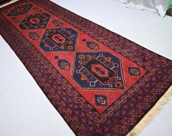 4'3x13'2 ft Afghan Wide Runner Rug, Tribal Oriental Handmade Wool Rug, Turkmen Geometric Vintage Red Runner Rug for Entry Way Hallway Runner