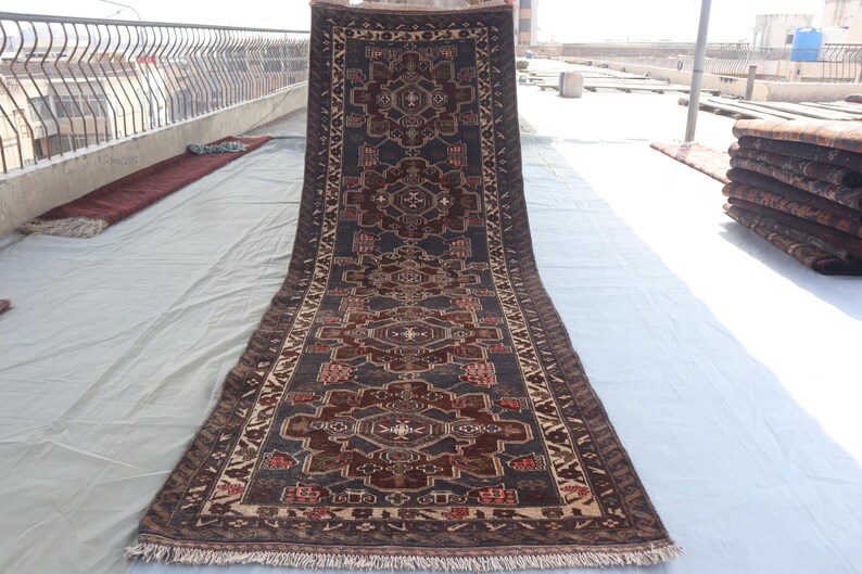 9 Ft Afghan Black Runner Rug Geometric Caucasian Handmade Wool Rug