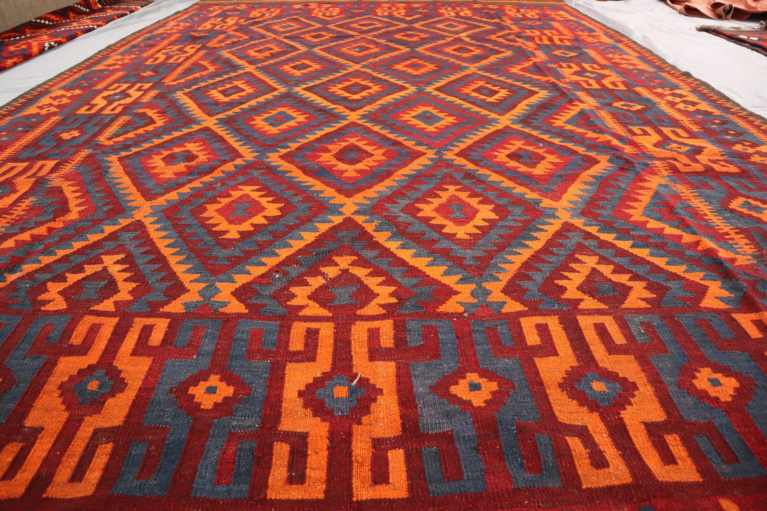 8x14 大型 1950年代 アンティーク アフガン キリム ラグ、本物の平織り