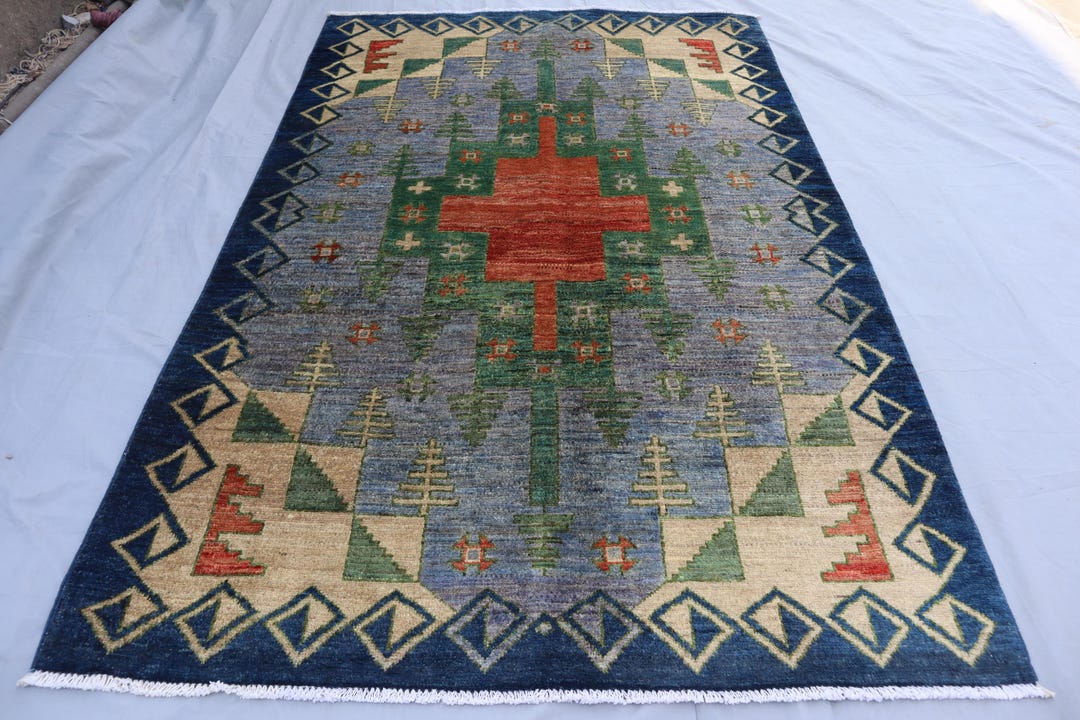 4x6 Navy Blue Tribal Gabbeh Area Rug Afghan Geoemtric Hand Knotted Wool ...