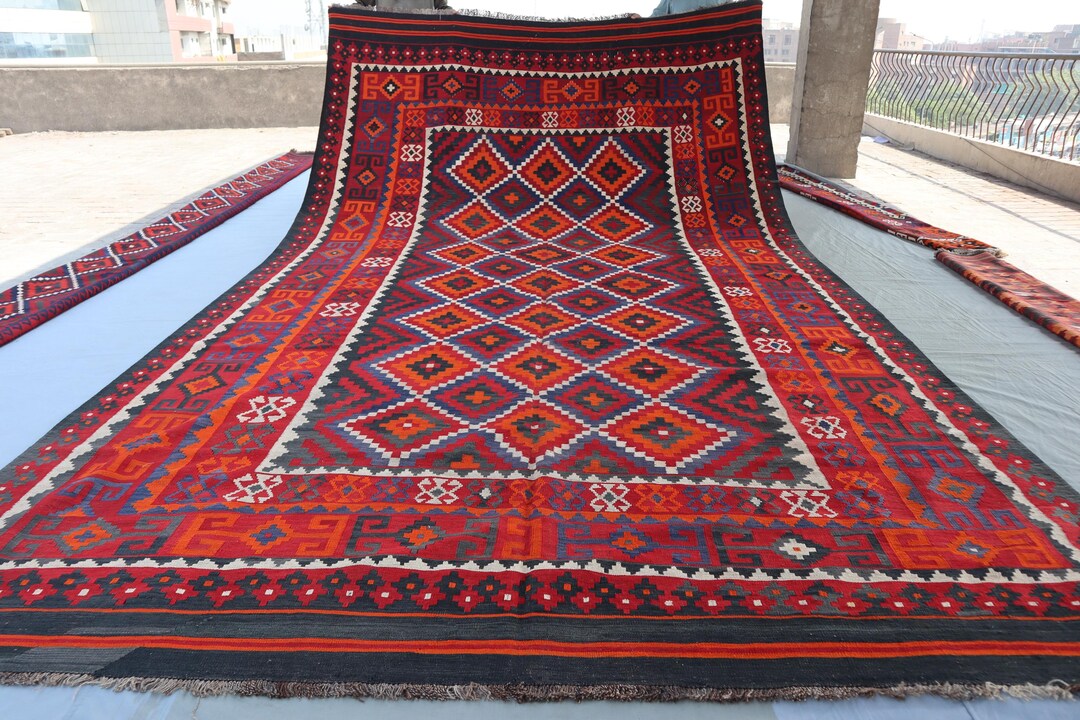 9x16 Vintage Area Rug 1970 Antique Kilim Rug/ Red Orange Colors ...