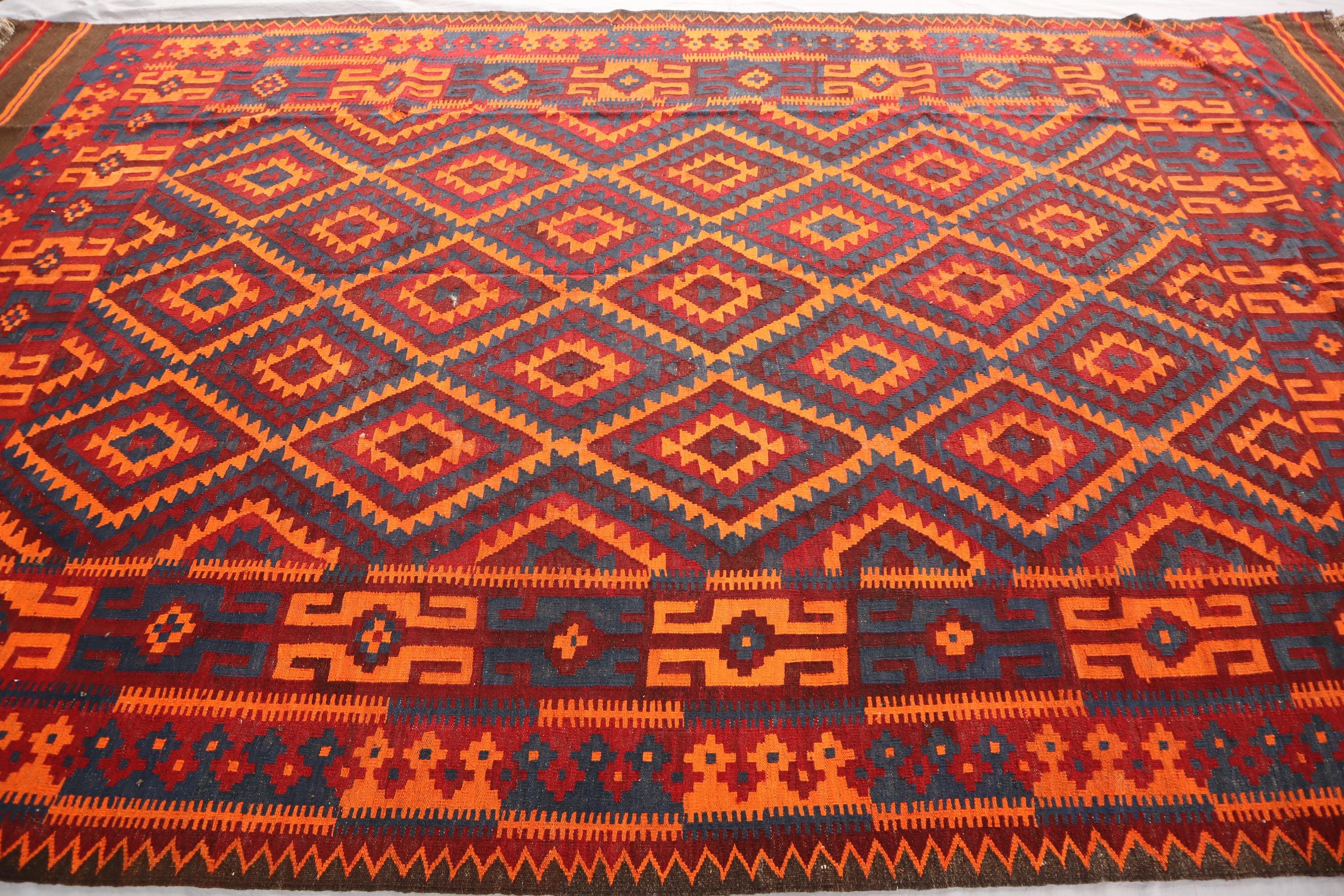 8x14 大型 1950年代 アンティーク アフガン キリム ラグ、本物の平織り