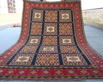 5'7x8'4 Ft Afghan Kilim Area Rug- Navy Blue Flatweave Handmade Genuine Wool Rug- Antique Turkmen Soumak Red Rug- Bedroom Carpet- Kitchen Rug
