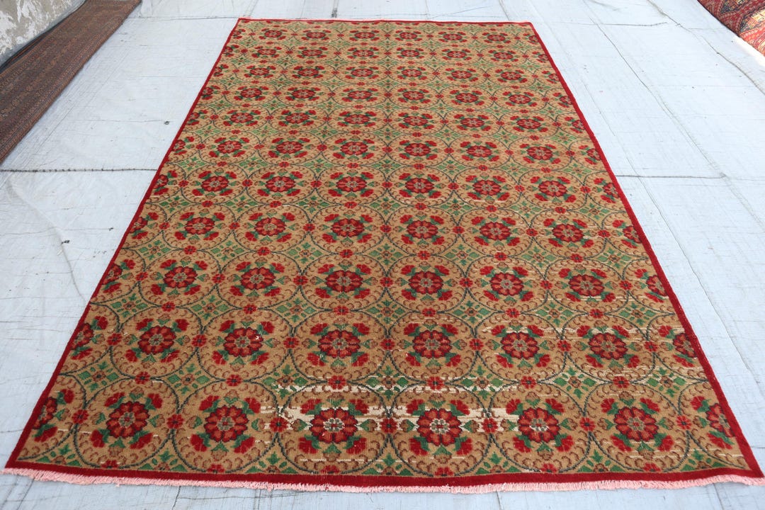 1950s Antique 6'5x9'8 Ft Large Terracotta Rug, Handmade Wool Rug ...