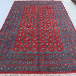 1970s Vintage Afghan 7x10 ft Rug, Afghan Bukhara Hand Knotted Wool Red Rug, Antique Oriental Turkmen Blue Red Rug, Office Living Room Carpet