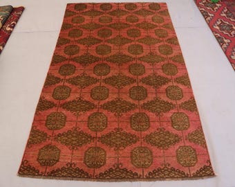 Tappeto vintage afgano, tappeto in terracotta sbiadita e anticata da 3'6x6'1 piedi, tappeto in lana fatto a mano, tappeto antico geometrico turkmeno degli anni '40, tappeto orientale per camera da letto