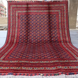 4'8x6'7 ft Red Navy Blue Bukhara Rug, Afghan Handmade Wool Rug, Turkmen Khoja Roshnaye Style Rug, Fine Quality Oriental 5x7 Bedroom Area Rug