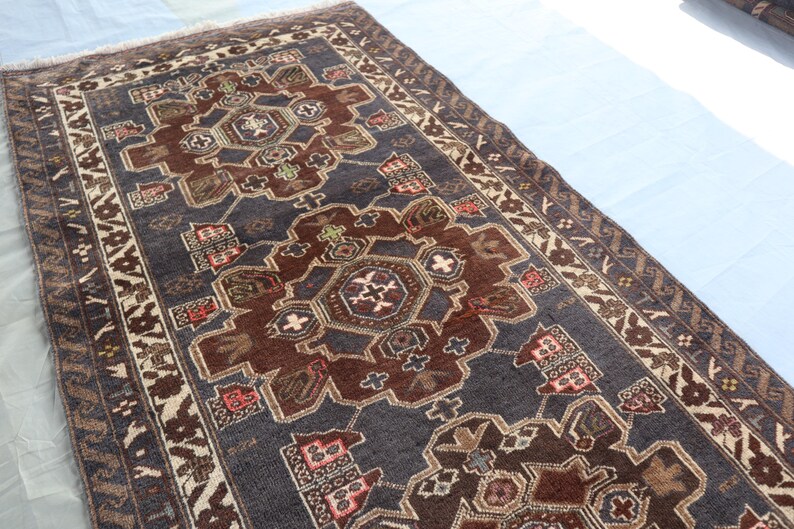 9 Ft Afghan Black Runner Rug Geometric Caucasian Handmade Wool Rug