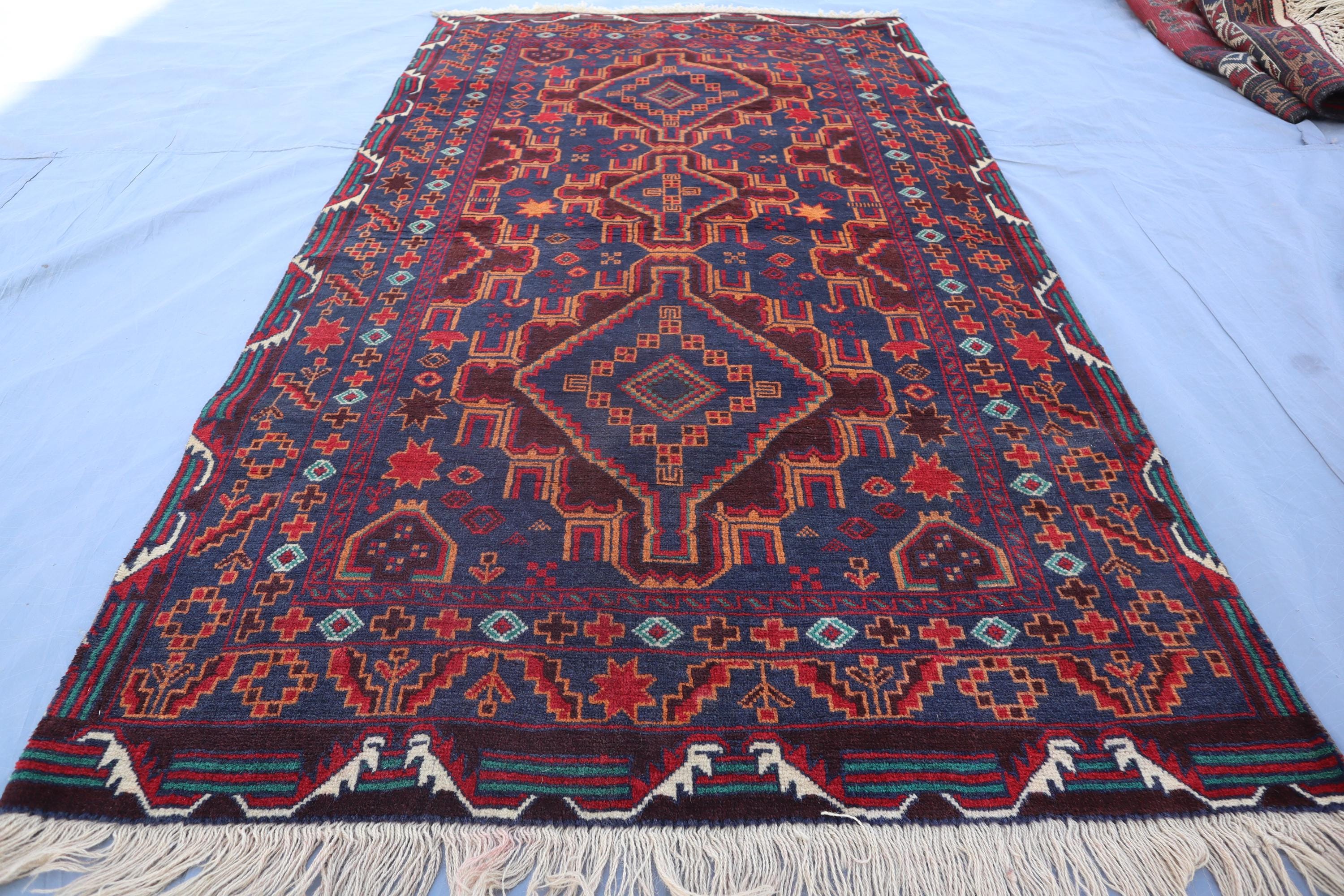 3'6x6'1 Ft Baluchi Area Rug, Turkmen Tribal Vintage Rug, Handmade