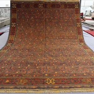 Terracotta Rug 6&#39;10x9&#39;6 ft Vintage Area Rug, Afghan Handmade Wool Rug, Flatweave Kilim Rug, Turkmen Tribal Antique Kilim Rug, Bedroom Carpet